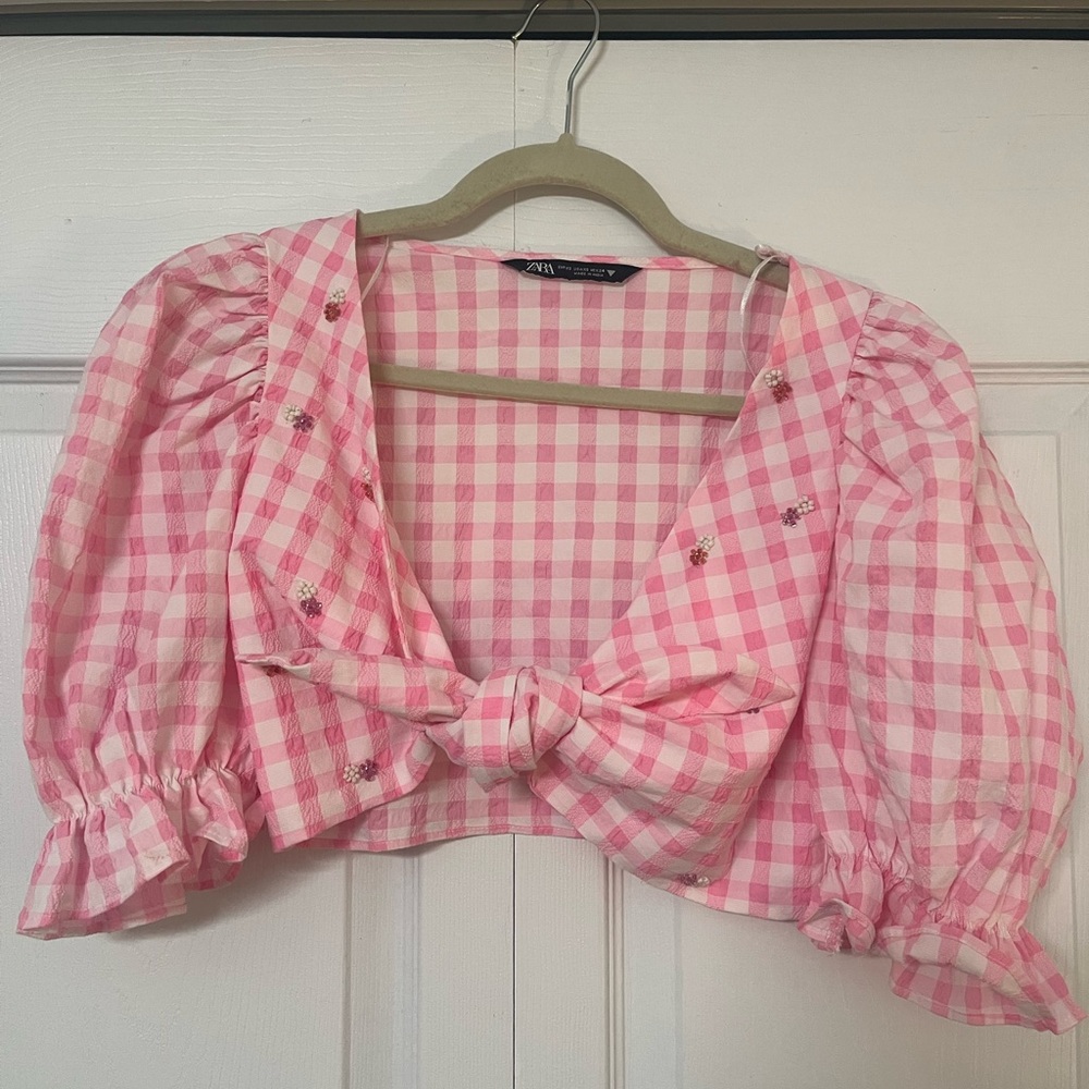 Pink Gingham Tie-Front Top
